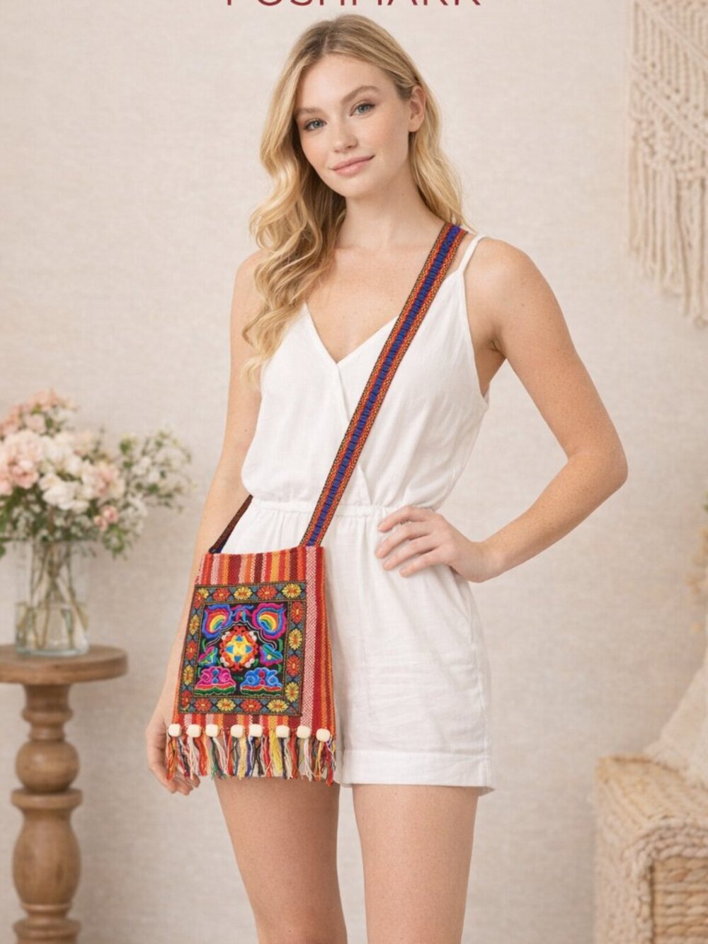 Boho Embroidered Crossbody Bag Beaded Fringe Multicolor Festival Purse NWT